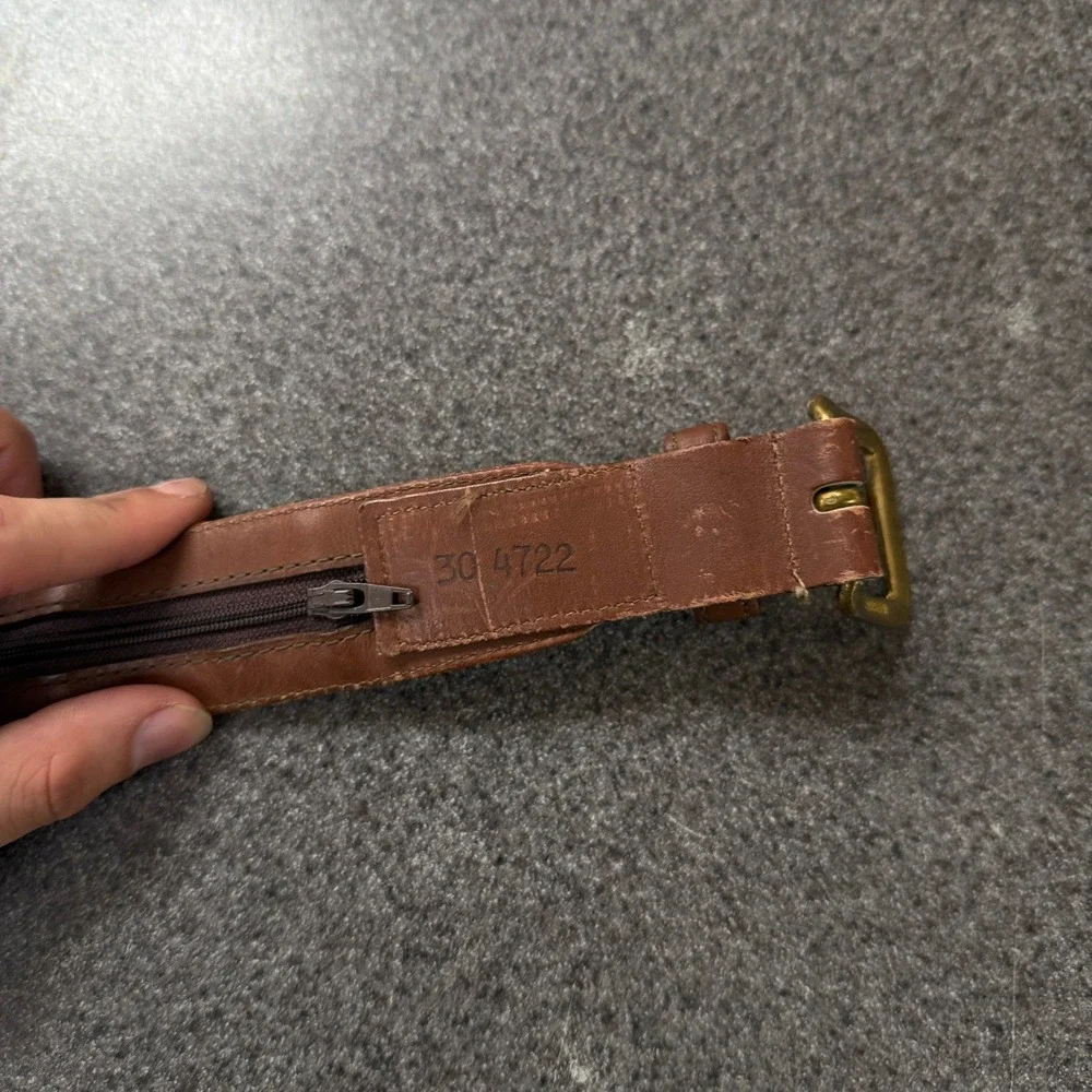 LL Bean Money Belt Mens 30 Brown Good Leather Solid Brass Zipper Pocket